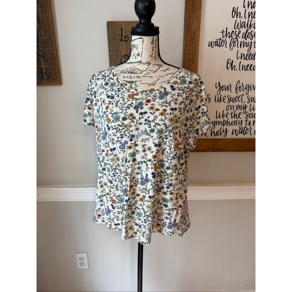 H&M Women's Floral Ditsy Cotton Short Sleeve T-Shirt White Blue Size Large